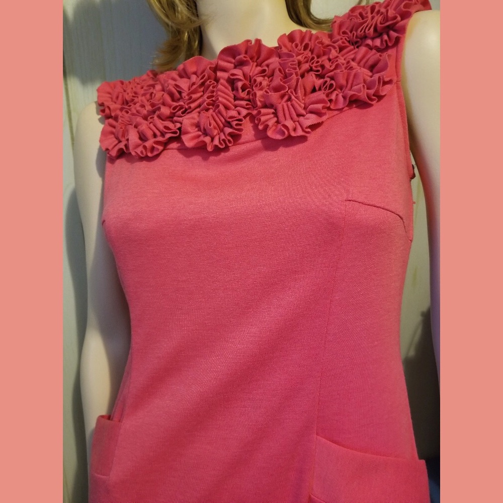Rosy Pink Pleated Rosette Neckline Pencil Bodycon Pinup Party Dress